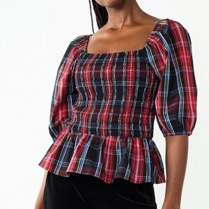 Draper James RSVP Smocked Plaid Blouse Elbow Length Puff Sleeves M
